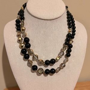 VINTAGE Double Strand Black Beads Glass‎ Beads Necklace